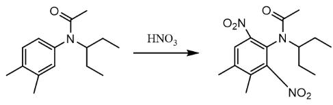 圖2 N-(l-乙基丙基)-N-乙?；?3,4-二甲基苯胺硝化反應(yīng)方程式